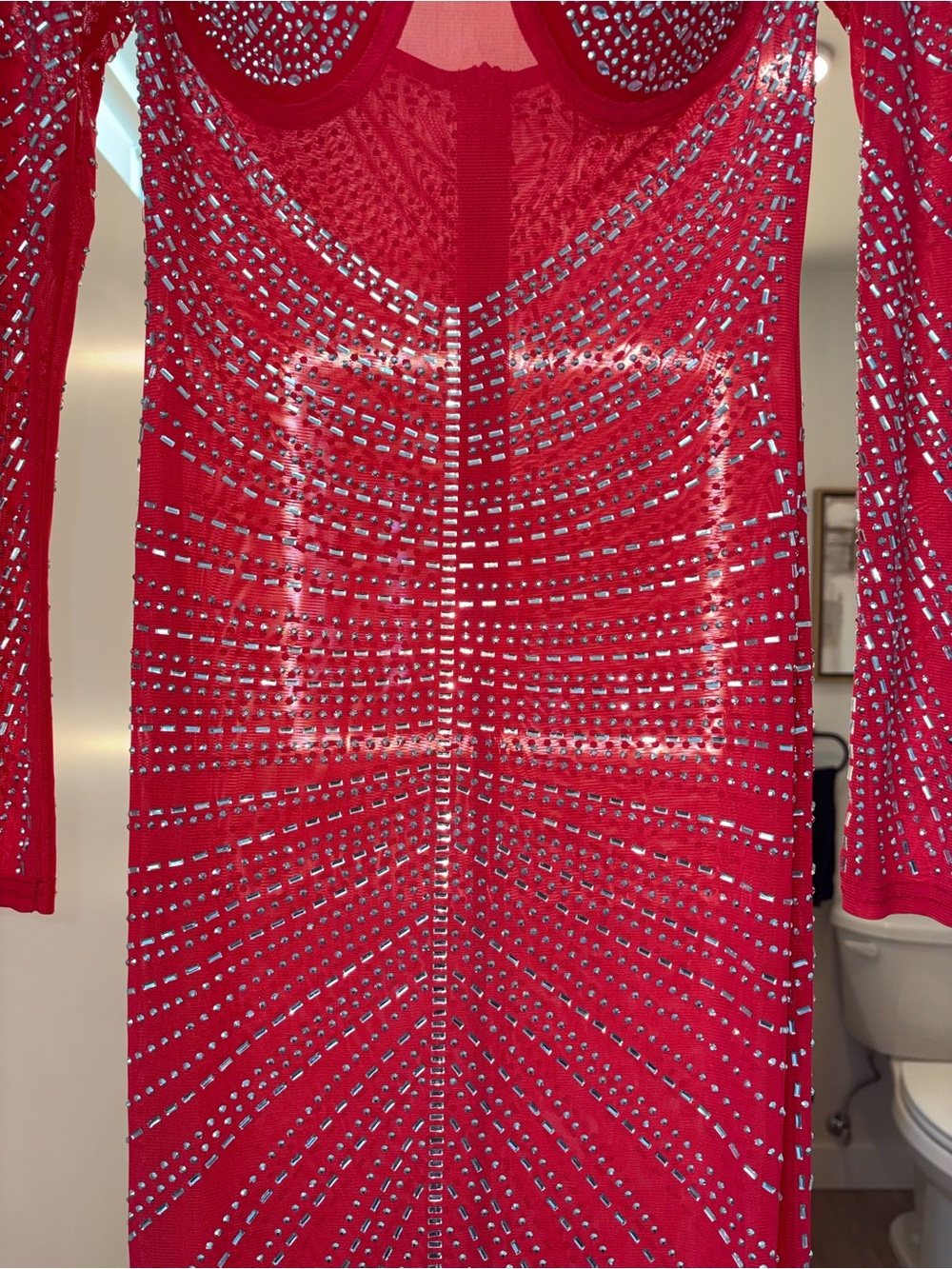 Macy's Red Long Sleeve Sequin Mesh Gown with Sculpted Bust - Picture 6 of 13
